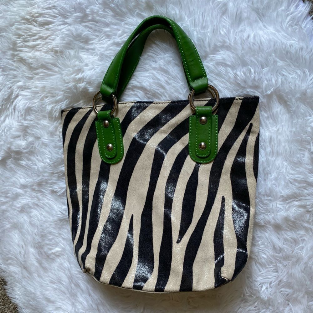Maurizio Taiuti Black and Cream Zebra Tote with Green Handles
